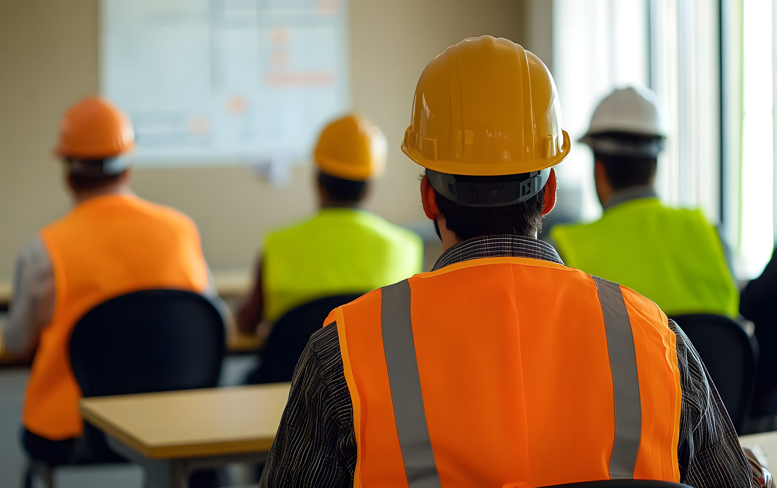 construction workers attending a safety training course in a classroom