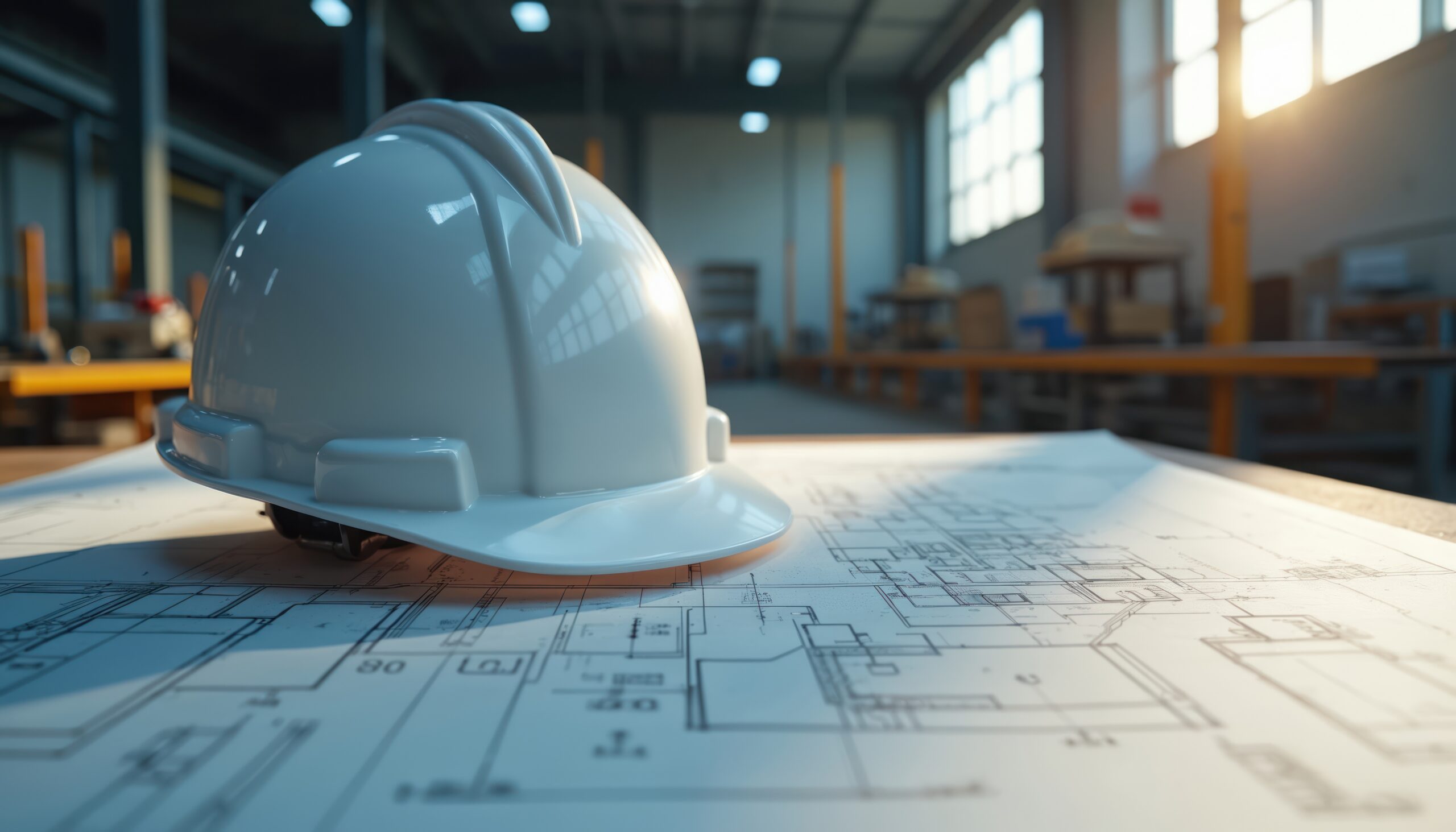 white hard hat rests on detailed blueprint plans. construction, engineering concepts symbolized, set against bright, industrial background suggesting workplace environment. focus on planning, project