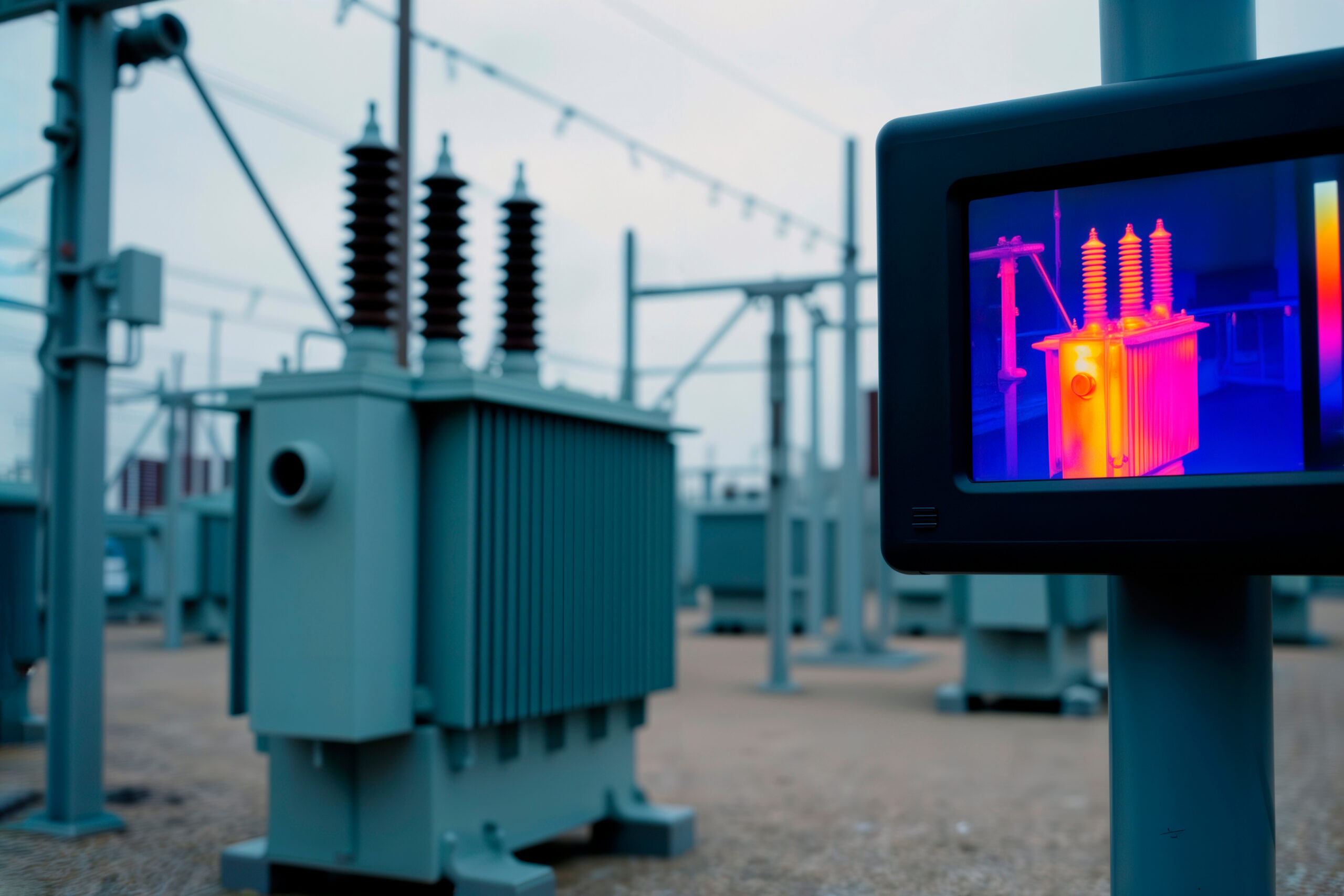 thermal imaging camera inspecting an electrical transformer in a power substation.