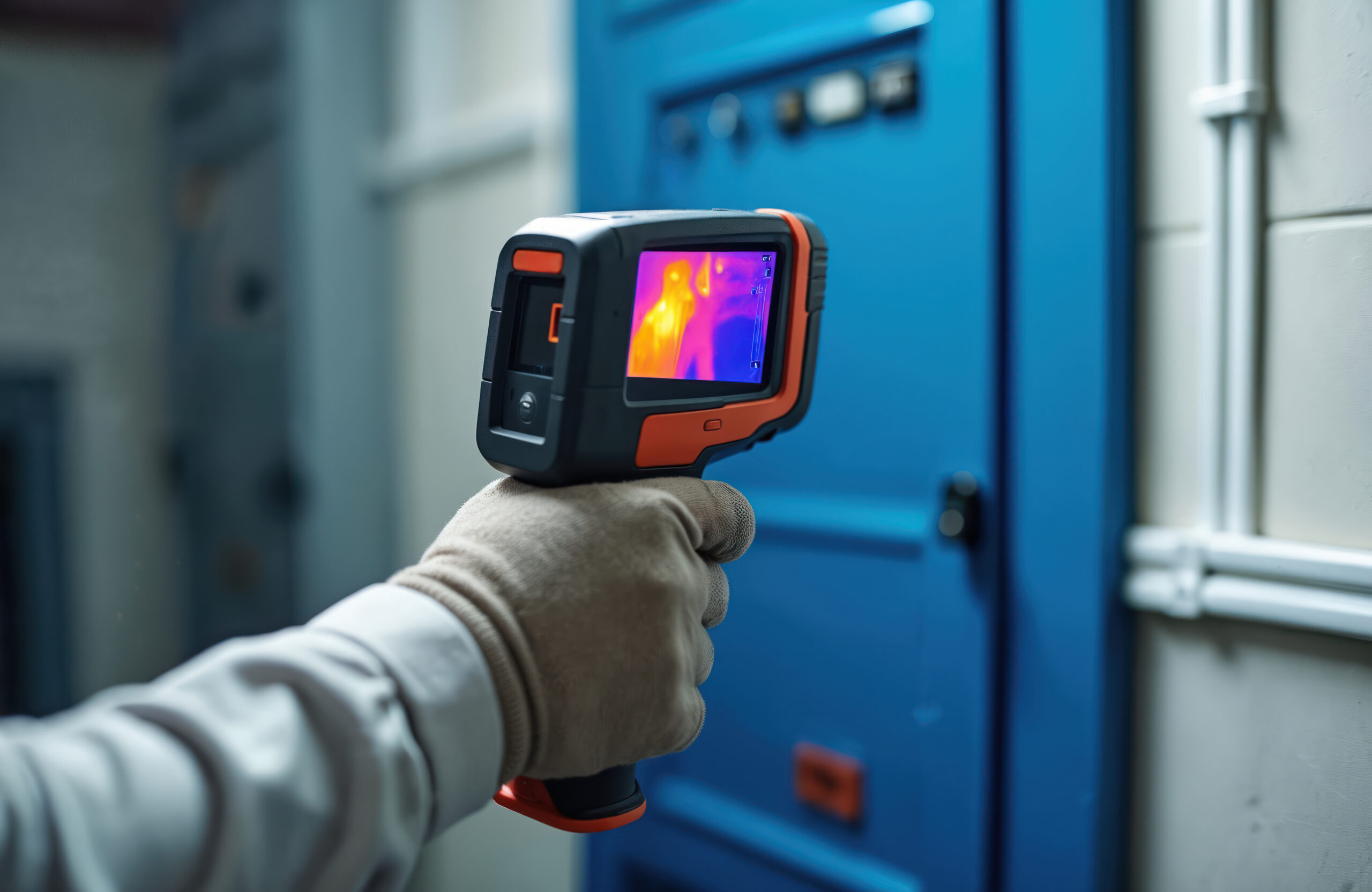 gloved hand holds thermal imager scanning electrical panel. device shows heat map of equipment. technician checks machine performance, detects issues, ensures safety. professional checks industrial